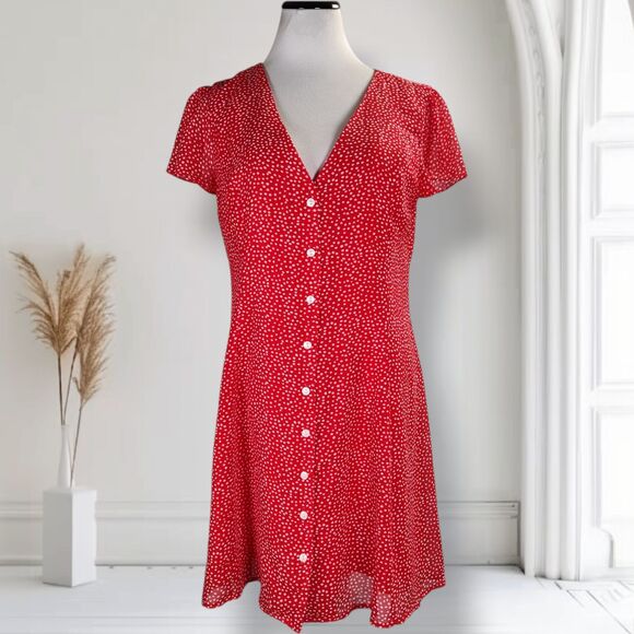 Aqua Button Front Mini Dress Size L Polka Dot Fit Flare Skater Flutter Sleeve - Picture 2 of 14